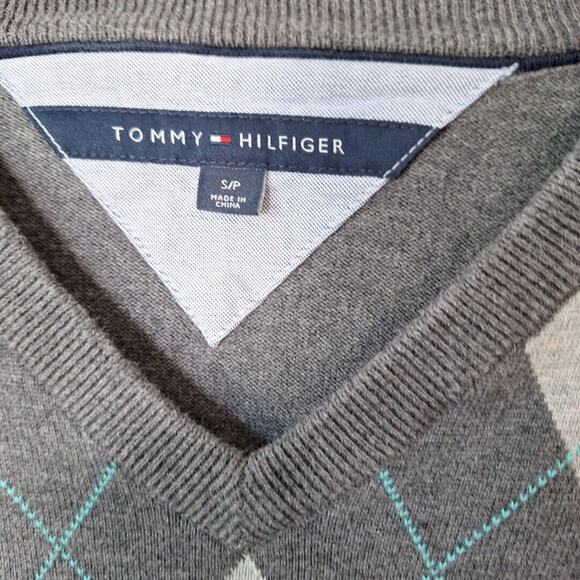 Tommy Hilfiger Preppy Gray Blue Argyle V Neck Sweater Women Size Small Cotton - Picture 3 of 7